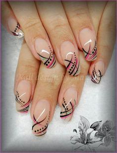 Sophisticated Nude Nail Design with Black and Pink Swirls.