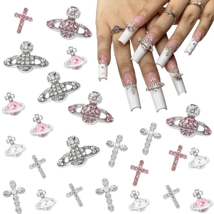 Dazzling White Coffin Nails Adorned with Rhinestones and Playful Charms on Pink Base