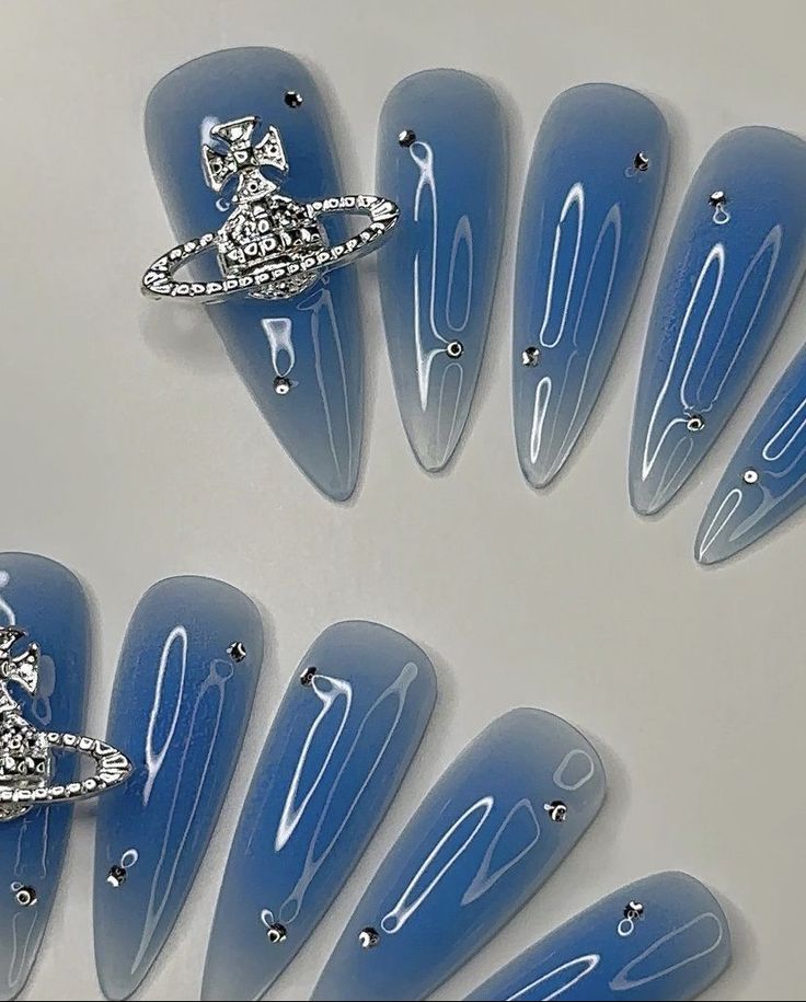 Elegant Gradient Blue Long Nails with Rhinestone Planet Accent