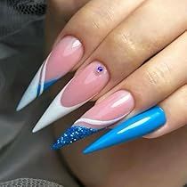 Chic Stiletto Nail Design: Pastel Pink and Blue with Shimmering Accents and Elegant Detailing.