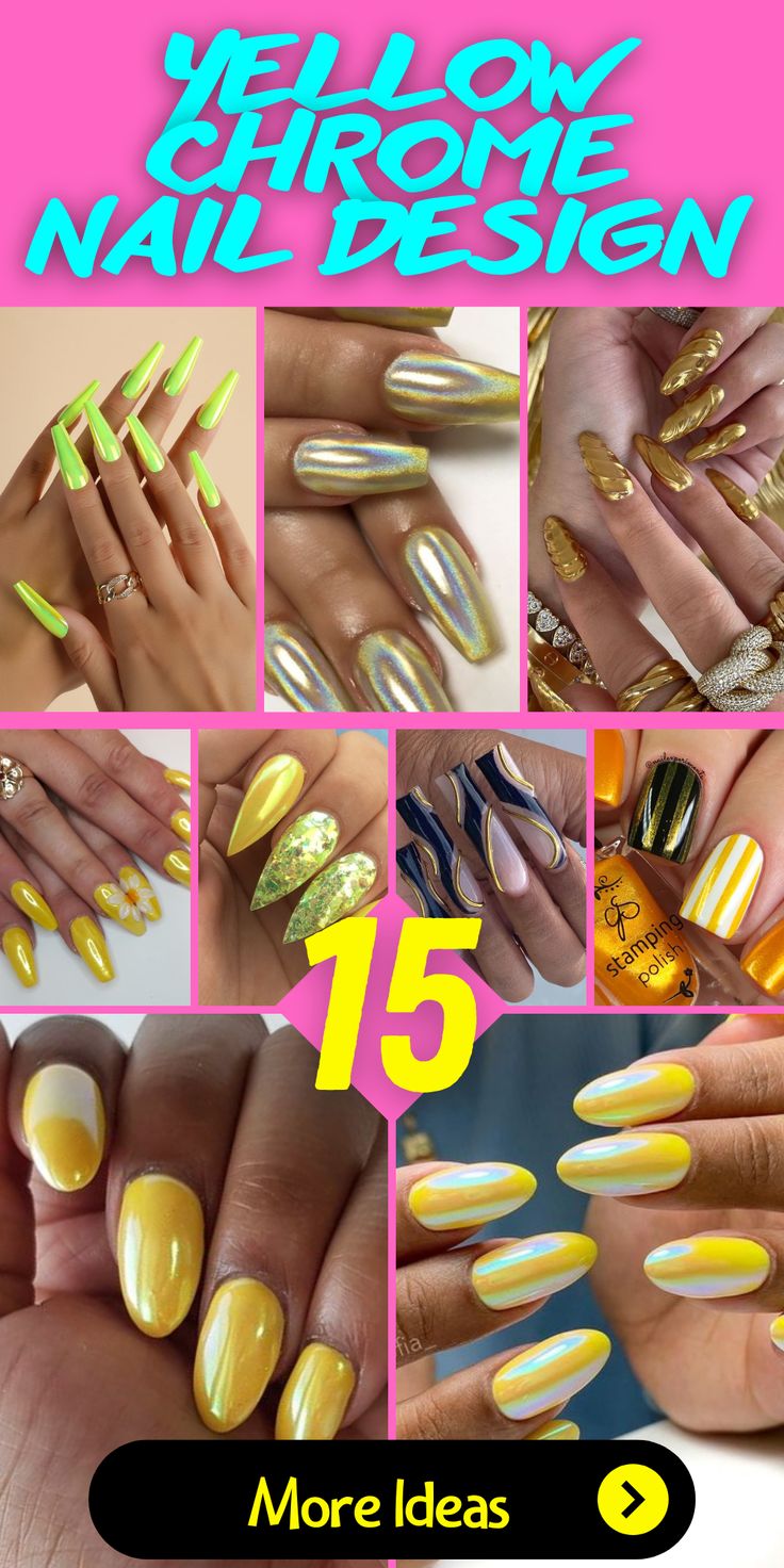 Vibrant Yellow Chrome Nail Designs: Glossy Finishes and Playful Patterns for a Modern Aesthetic.