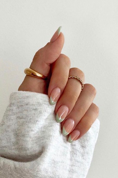 Chic Nude and Mint Green Nail Design with Gold Accents for Versatile Elegance.