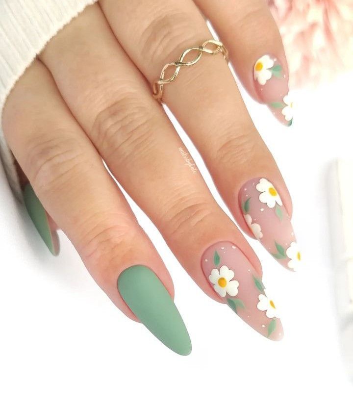 Chic Spring Nail Design with Matte Green, Soft Pink, and Floral Patterns