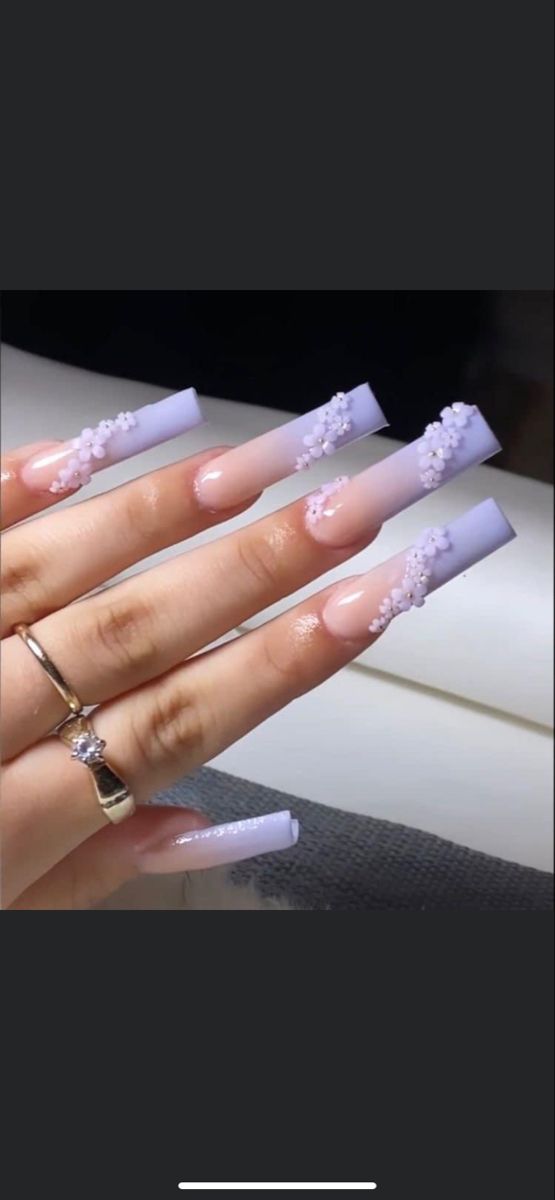 Chic Ombre Long Nails with Pearl Accents and Glossy Finish.