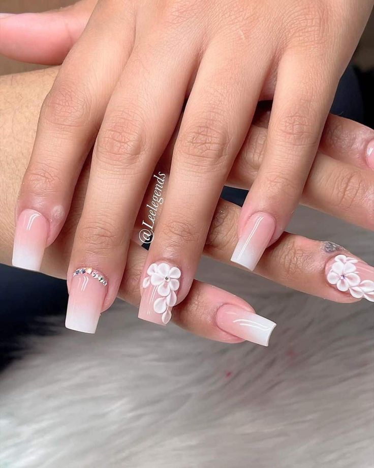 Sophisticated Floral Gradient Nail Design with Rhinestone Accents