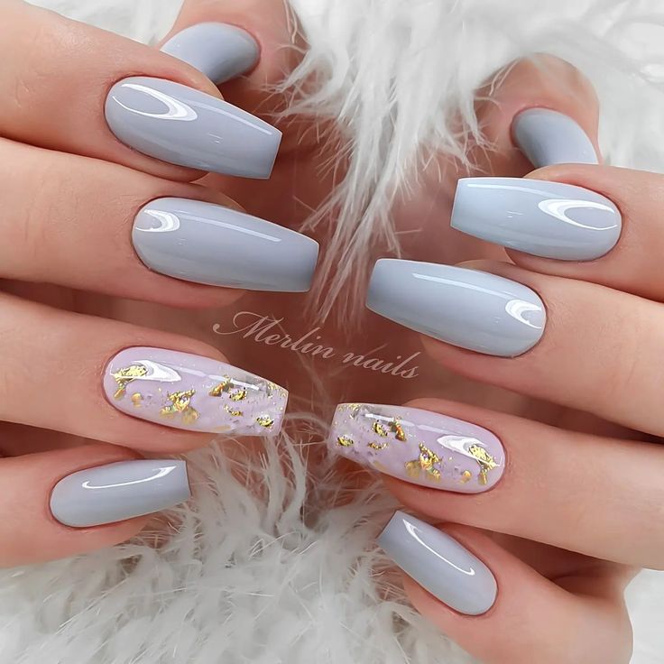 Sleek Gray Nails with Elegant Pink Accent and Gold Flakes.