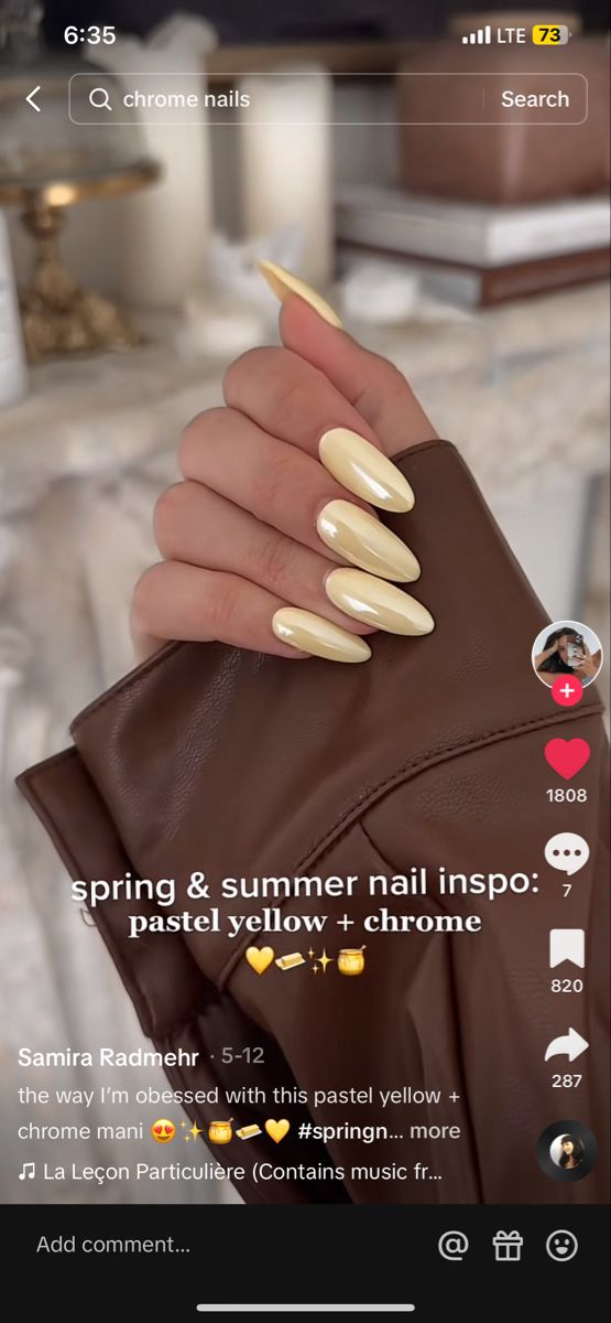 Pastel Yellow Nails With Chrome