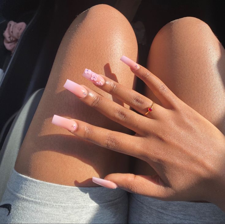 Chic Pink Nail Design: Elegant Long Square Tips with Pastel Shades and Gem Accents