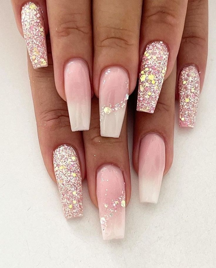 Stunning Glittery Pink Ombre Nails: Elegant Elongated Square Design for Any Occasion.