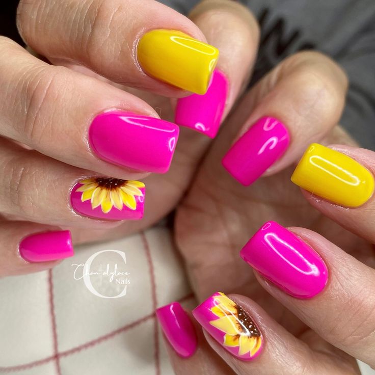 Pink Nails With Sunflower Design