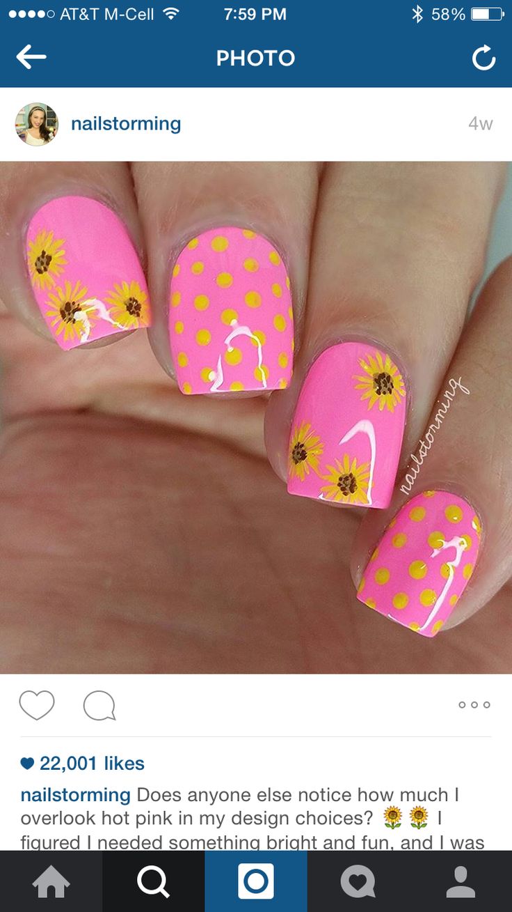 Playful Summer Nail Design with Hot Pink, Cheerful Yellow, Sunflowers, and Polka Dots.