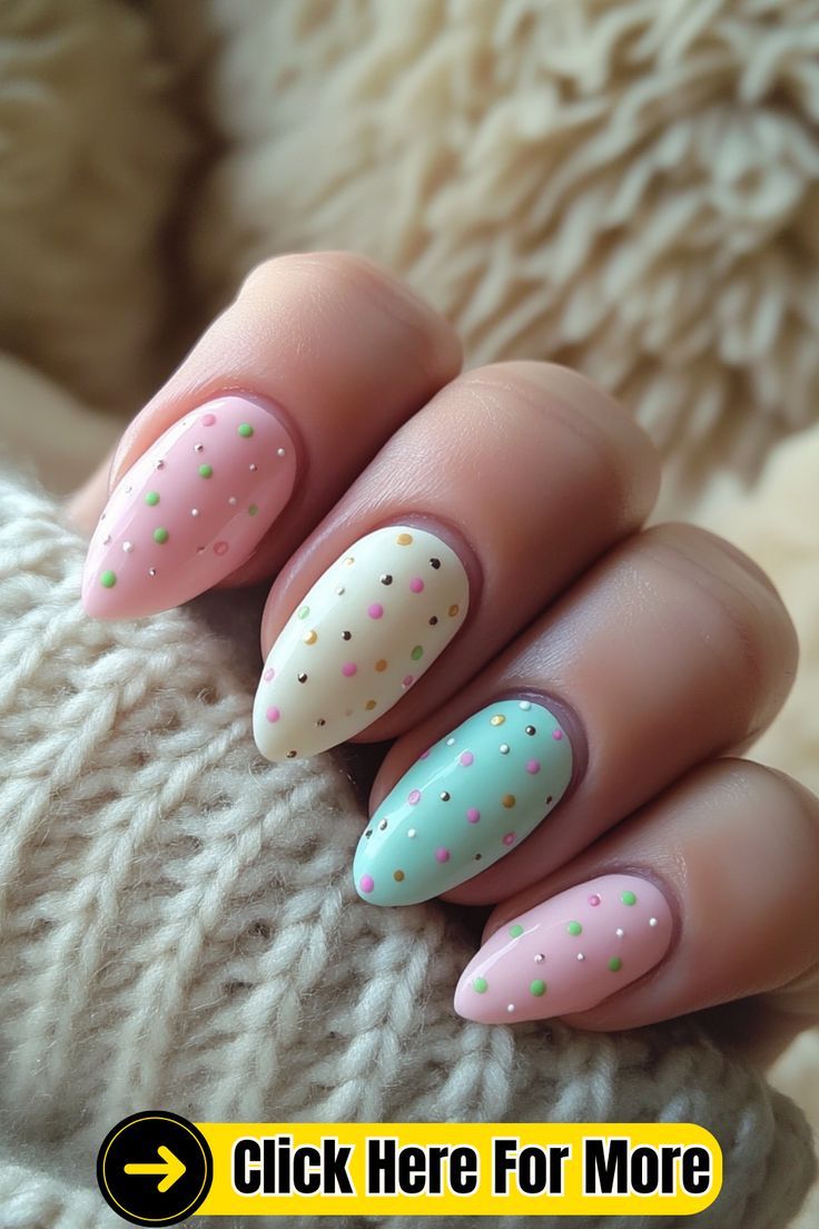 Whimsical Pastel Nail Design with Textured Contrasting Dots for a Cheerful Spring Look.