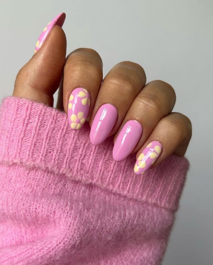 Cheerful Pink Palette Nail Design: Glossy Finish with Playful Floral Patterns