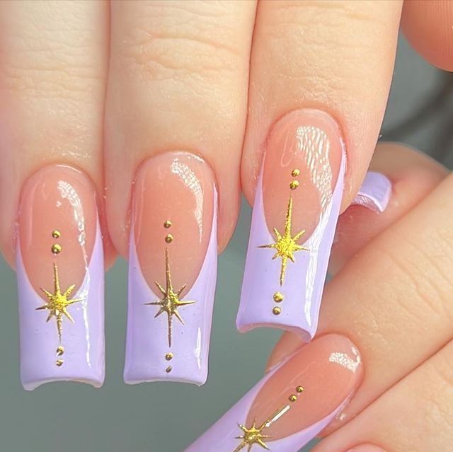 Chic Lavender Nail Design with Golden Stars and Elegant Bead Accents