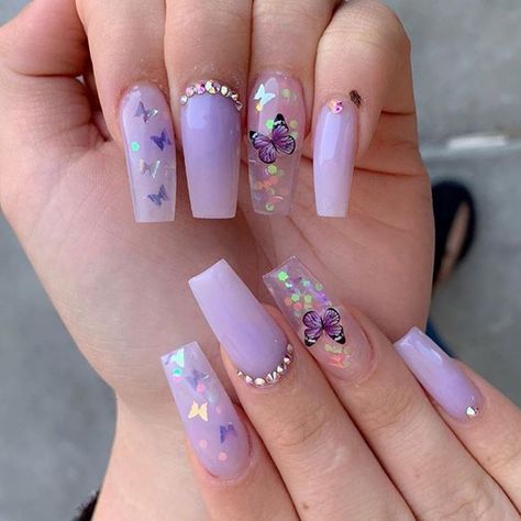 Whimsical Lavender Acrylic Nails with Butterfly Designs and Sparkling Accents