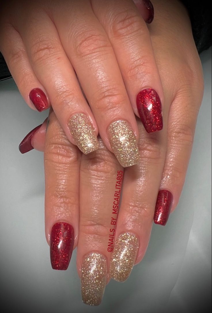 Vibrant Red and Shimmering Gold Nail Design for Festive Elegance.