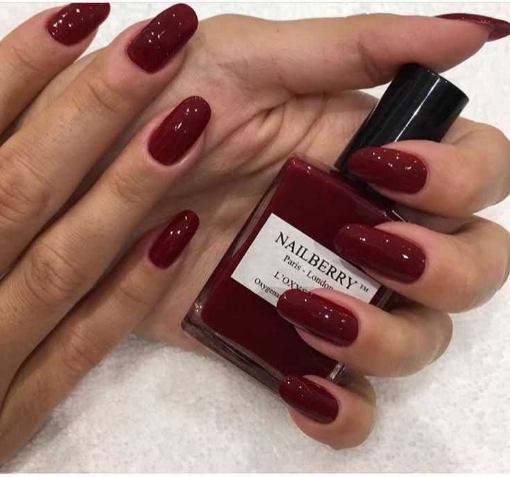 Sophisticated Deep Burgundy Nails with a Smooth, Shiny Finish for Any Occasion.