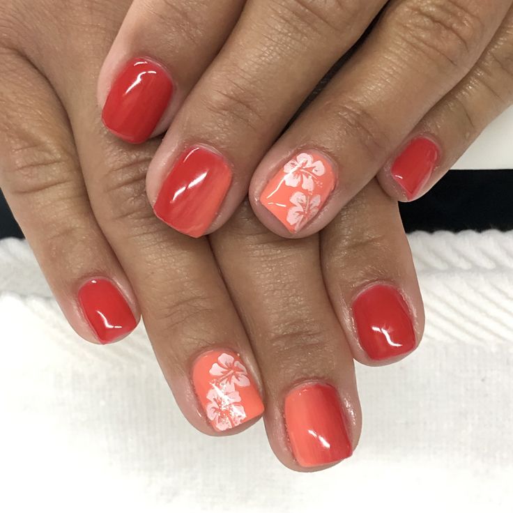 Summer-Inspired Vibrant Ombre Coral and Red Nails with Floral Accents