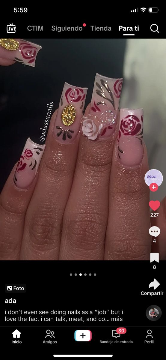 Charming Soft Pink Floral Nail Design with Gold Accents for Everyday Elegance.