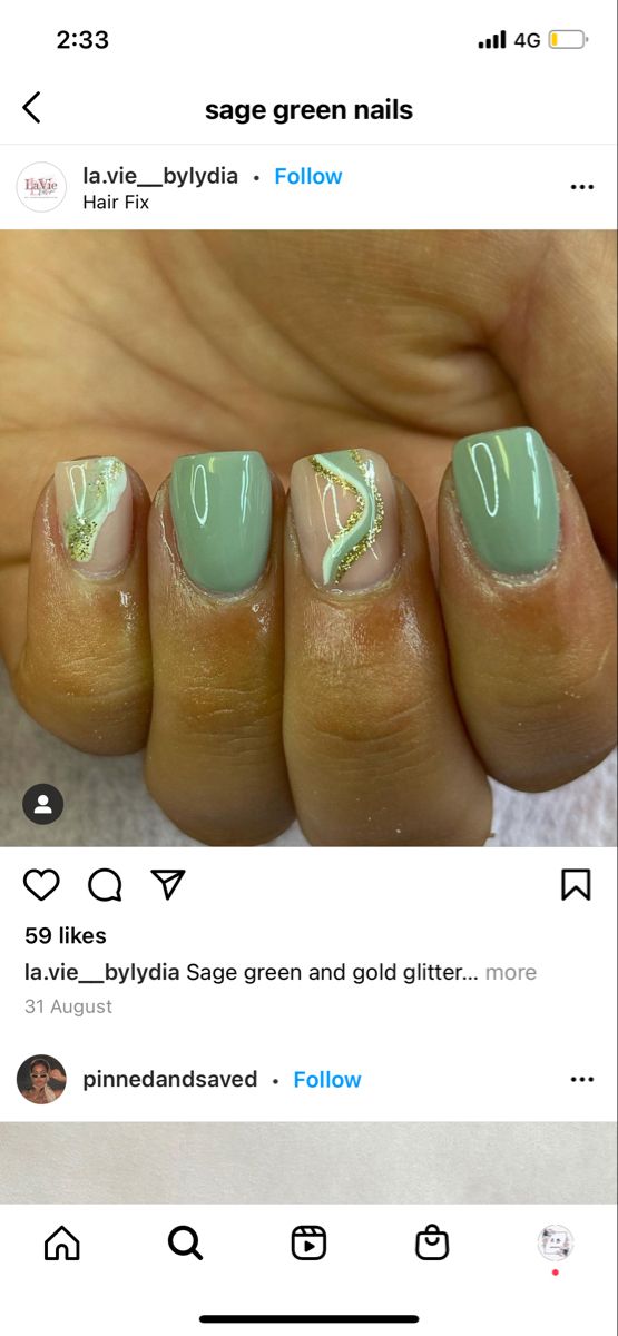 Calming Sage Green Nails with Glossy Finish and Sparkling Gold Accents