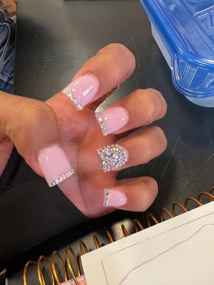 Chic Soft Pink and White Nail Design with Glittering Rhinestones