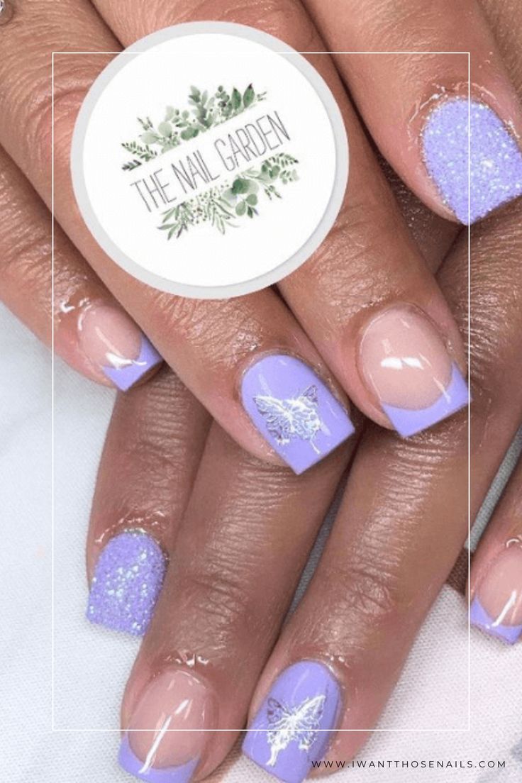 Whimsical Lavender and Nude Nail Design with Glitter Accents and Delicate Patterns