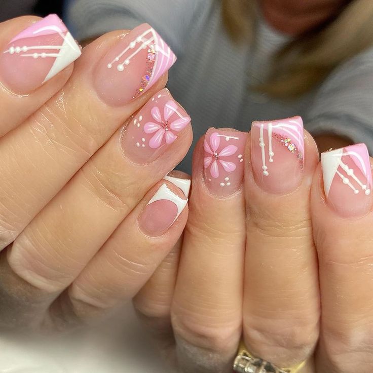 Elegant Floral Pink Nail Design with Glossy and Matte Finishes.