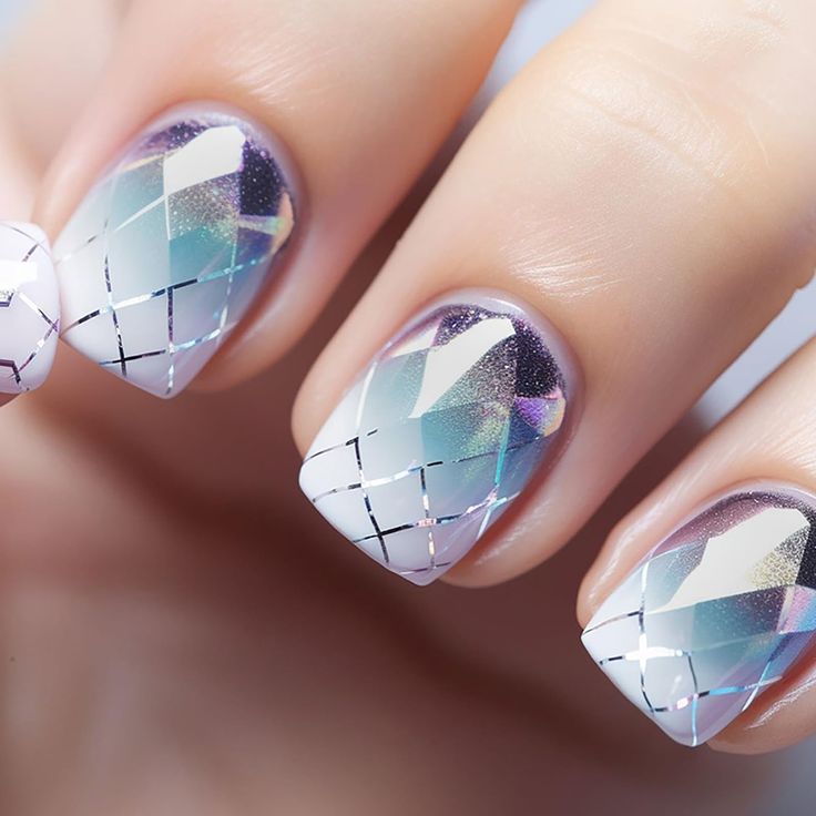 Iridescent Geometric Nail Design with Modern Chic Gradient and Glossy Finish.