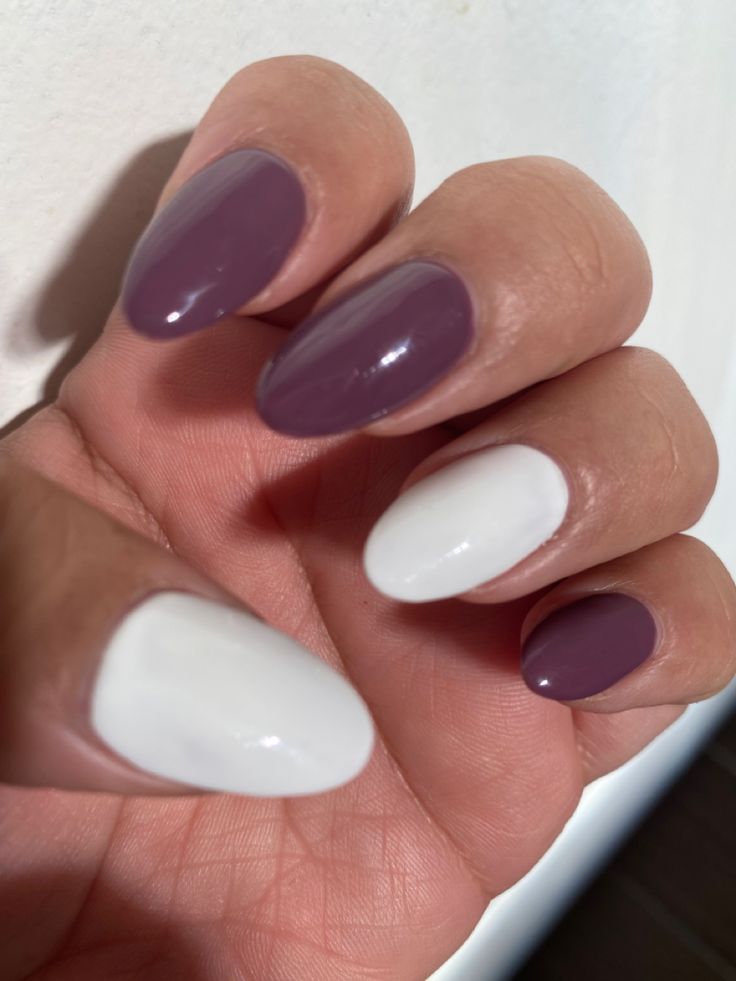 Chic Deep Mauve and Crisp White Almond-Shaped Nail Design