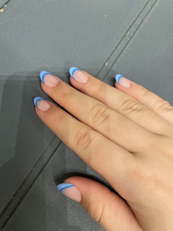 Chic Modern French Tip Nails with Pink Base and Vibrant Blue Edge