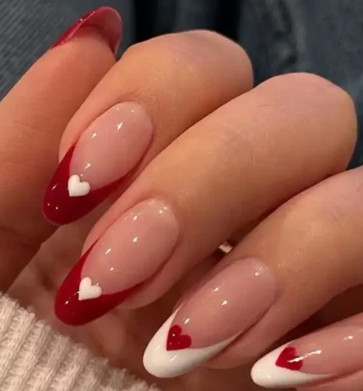 Romantic Red and White Heart Motif Almond-Shaped Nail Design