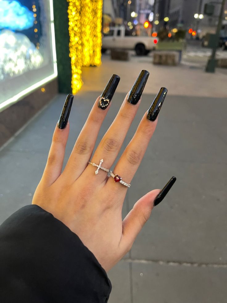 Solid Black Nails With Gems