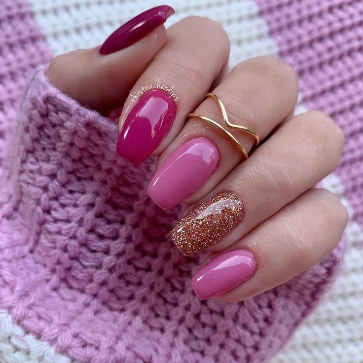 Vibrant Pink Nail Design with Sparkly Gold Accents for a Glamorous Touch