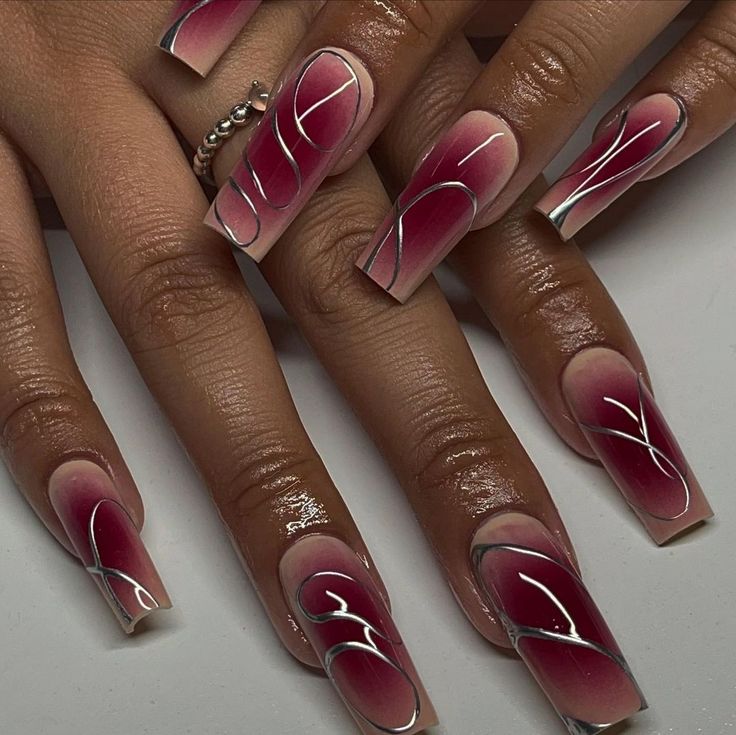 Chic Gradient Burgundy Nail Design with Elegant White Line Art