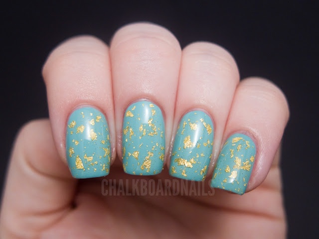 Turquoise Nails With Gold Flakes