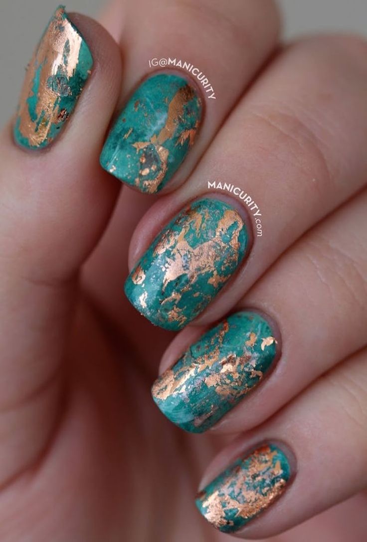 Vibrant Teal and Gold Foil Textured Nail Design for a Stunning Statement Look.