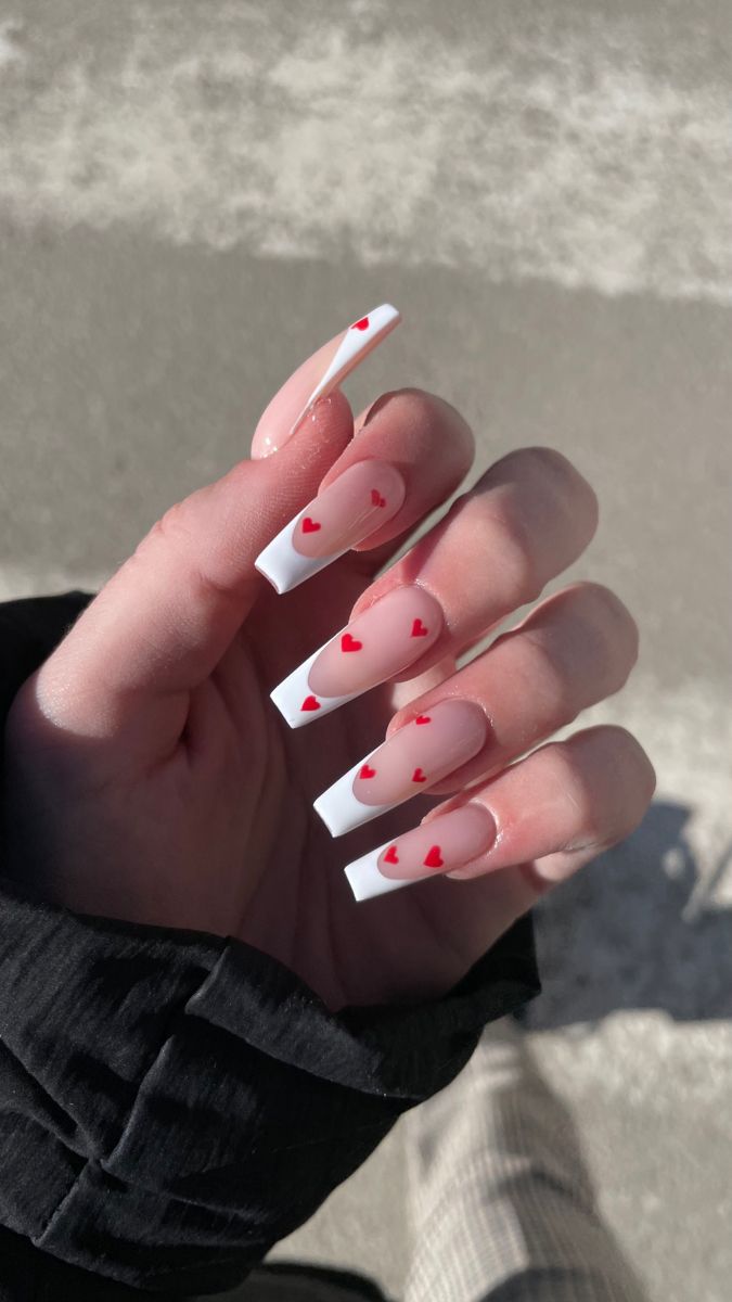 Chic Long Tapered French Manicure with Whimsical Red Heart Accents