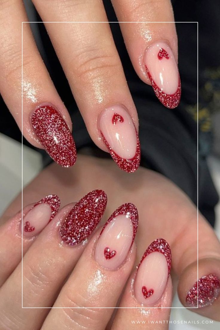 Romantic Glittery Red Nail Design with Glossy and Matte Finishes.