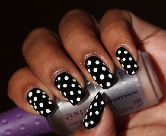 Chic Polka Dot Nail Design: Bold Black Base with Playful White Dots