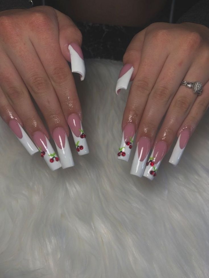 Playful Pink and White French-Tip Nails with Glossy Cherry Accents