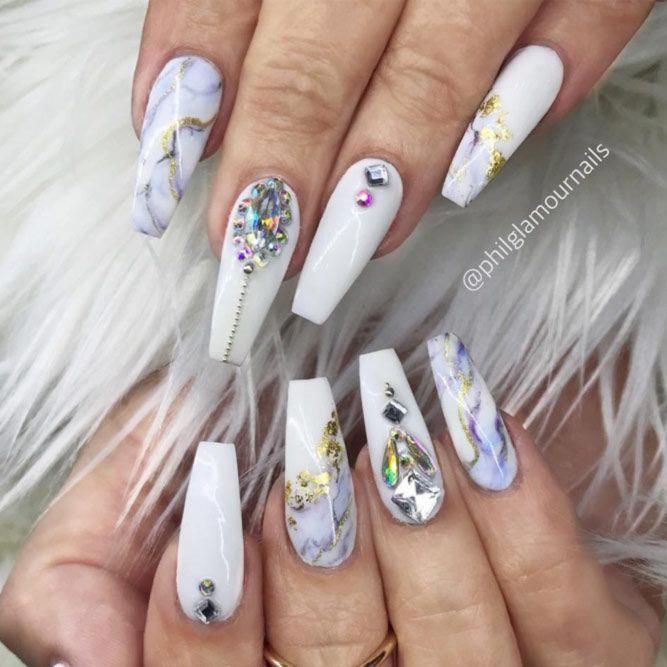 Chic Elegant Nail Design with Marble Patterns, Gemstones, and Gold Accents