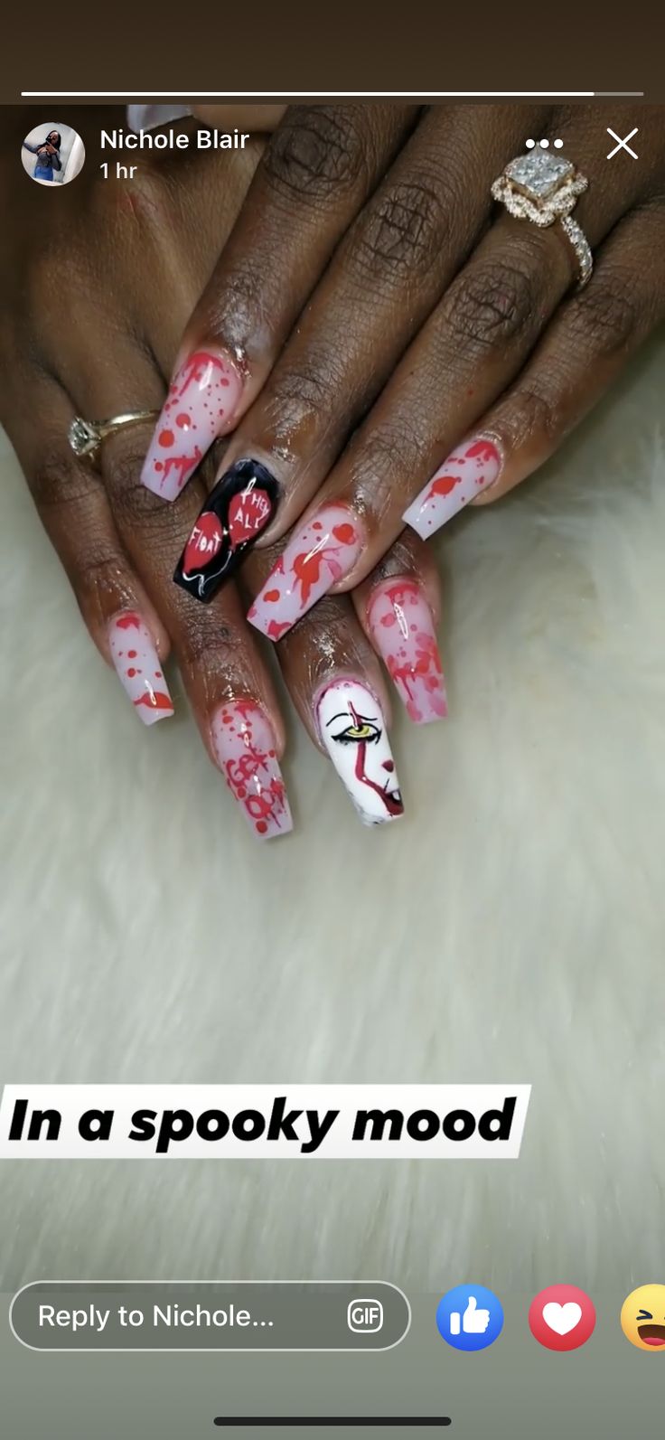 Spooktacular Halloween Nail Design: Elegant Pink to Red Gradient with Haunting Illustrations.