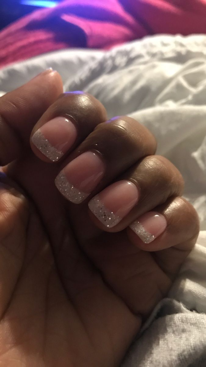 Chic Pink and Sparkling Silver Glitter French Manicure Design