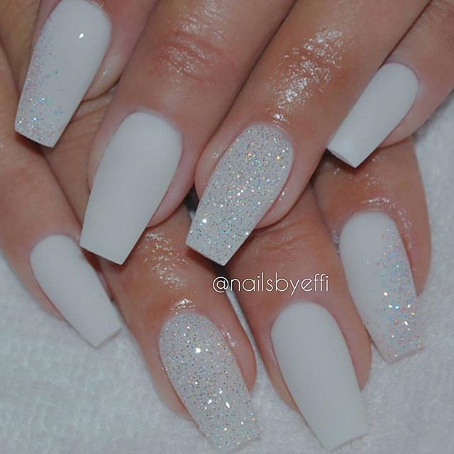 Stunning Glitter Gradient on Elegant Matte White Square Nails: A Perfect Blend of Simplicity and Glam.