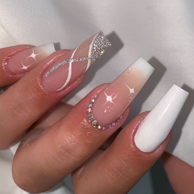 Chic Ombre and White Tip Nail Design with Glamorous Accents.