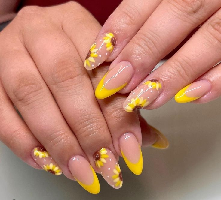 Cheerful Sunflower Nail Design: Soft Yellow Tips and Intricate Floral Elegance.